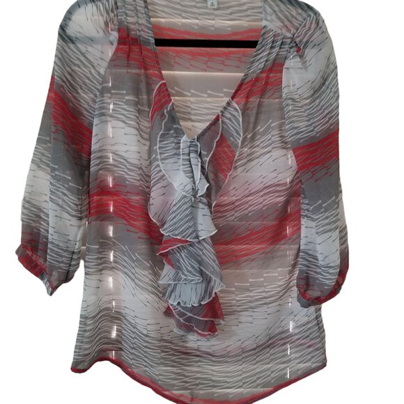 Banana Republic Womens Sheer Chiffon Blouse W/ Ruffle Front V-Neck 3/4 Sleeve M - Picture 2 of 5